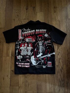 Fender Black Button-Up Shirt with Red & White Voodoo Graphic